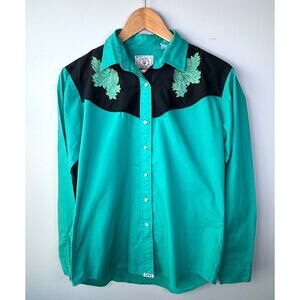 Vintage 90s Ely Country Charmers Western Green Black Peal Snap Button Shirt Med